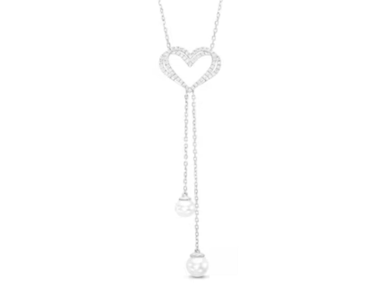 The Kindred Heart from Vera Wang Love Collection Cultured Freshwater Pearl and Diamond Drop Necklace in Sterling Silver