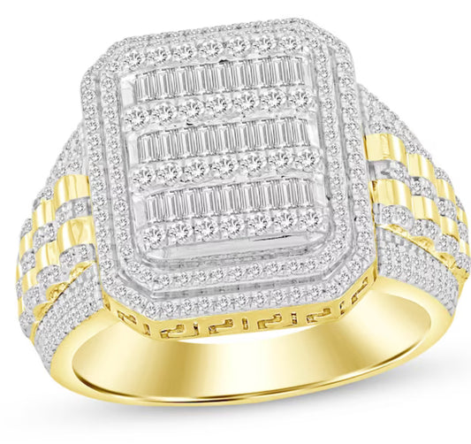 Men's Baguette & Round-Cut Multi-Diamond Center Greek Key Ring 1 ct tw 10K Yellow Gold