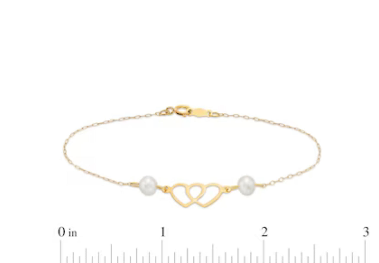 Child's 4.5-5.0mm Cultured Freshwater Pearl Double Heart Bracelet in 14K Gold – 6"