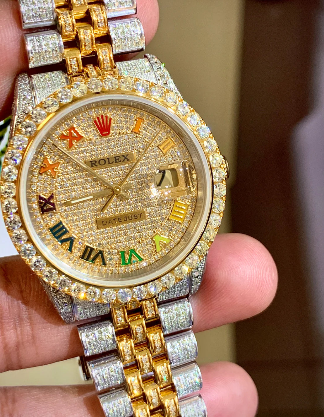 Rolex 36mm iced out Yellow gold/ Stainless steel Jubilee with Iced out Rainbow Roman Numeral Diamond dial