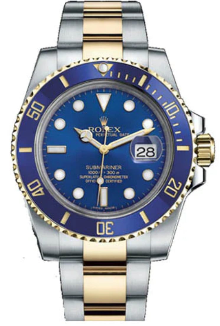 CERTIFIED PRE-OWNED ROLEX TWO-TONE STEEL & 18K YELLOW GOLD OYSTER PERPETUAL SUBMARINER WITH 40X40 MM BLUE ROUND DIAL. WITH ALUMINUM BEZEL