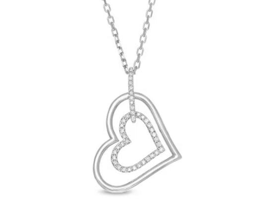 Vera Wang Love Collection 1/8 CT. T.W. Diamond Tilted Double Heart Outline Pendant in Sterling Silver - 19"