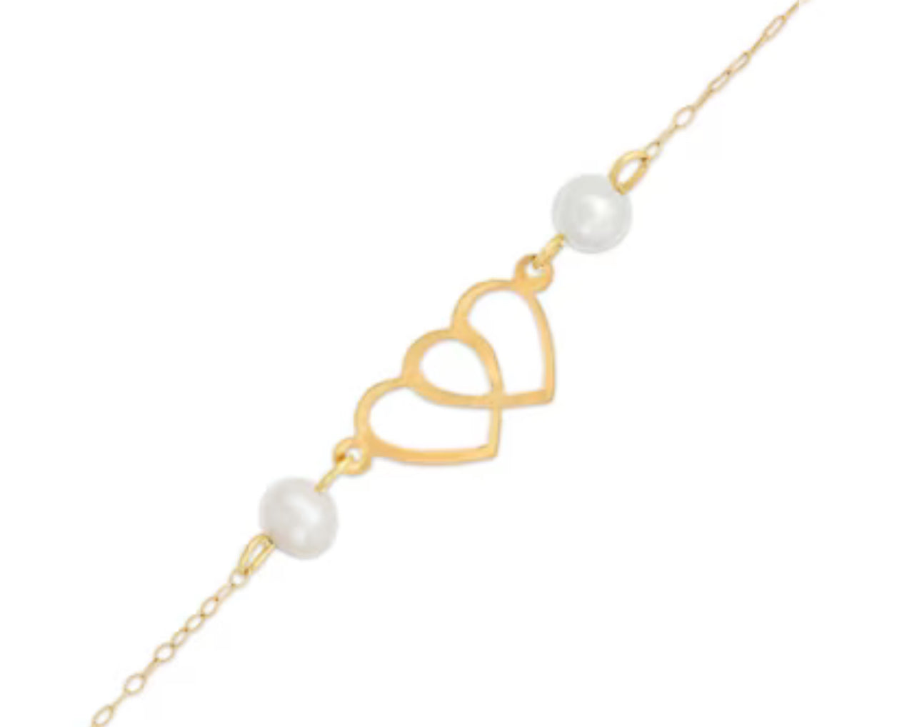 Child's 4.5-5.0mm Cultured Freshwater Pearl Double Heart Bracelet in 14K Gold – 6"