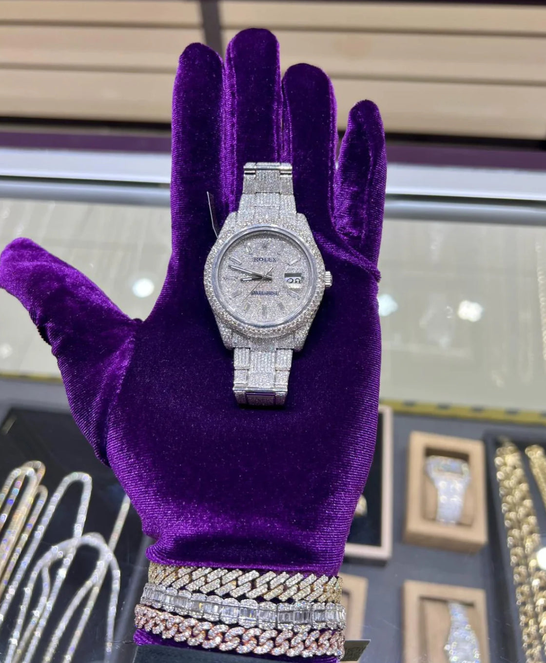 Diamond Iced Out Rolex Datejust 41 | 20 Carats Of Diamonds | Custom Baguette Stick Diamond Dial |Honey Comb Flower setting | Oyster Band