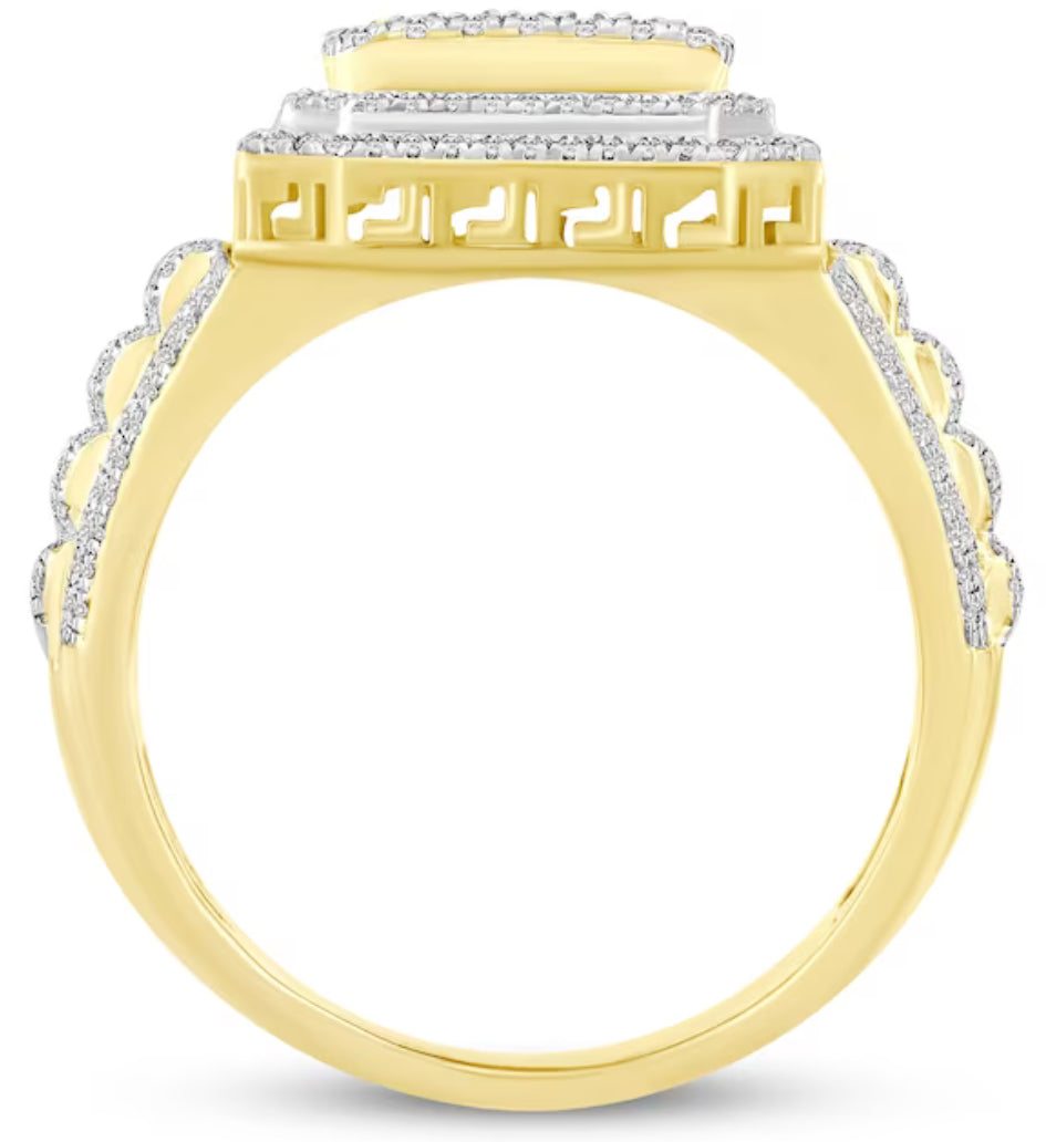 Men's Baguette & Round-Cut Multi-Diamond Center Greek Key Ring 1 ct tw 10K Yellow Gold