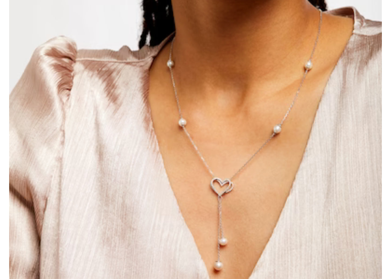 The Kindred Heart from Vera Wang Love Collection Cultured Freshwater Pearl and Diamond Drop Necklace in Sterling Silver